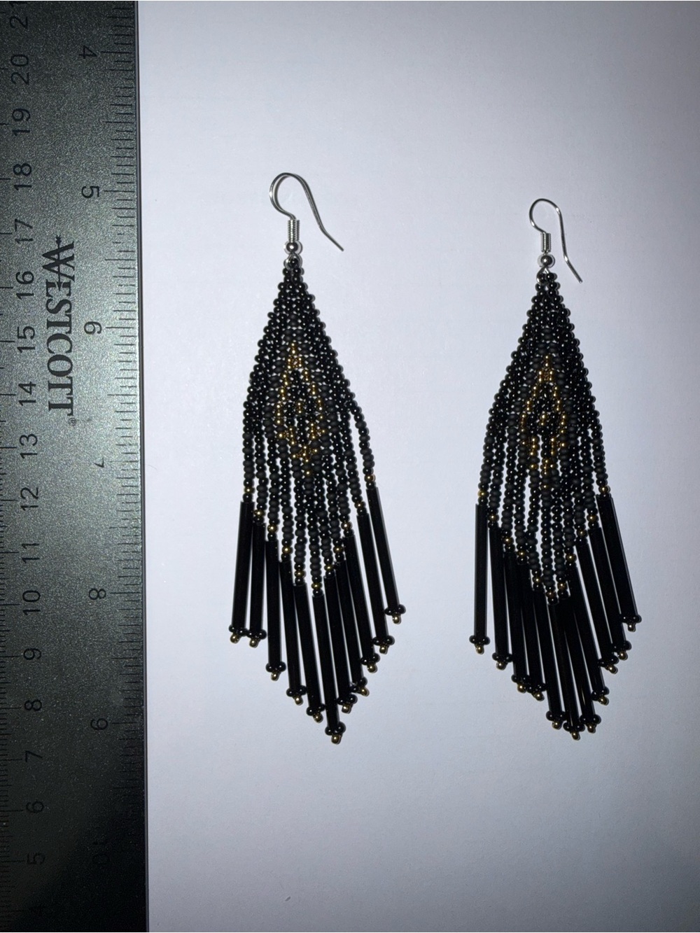 NWT Black Seed Bead Fringe Earrings with Gold Accents